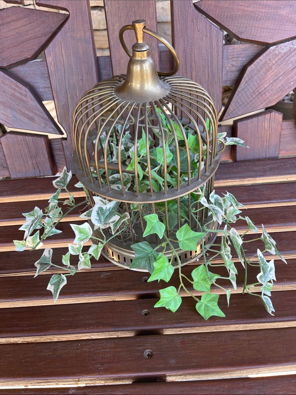 Brass birdcage with artificial ivy